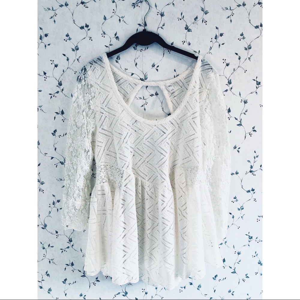 Free People Gracie White Lace Peplum Top Cut-Out Back 3/4 Sleeves